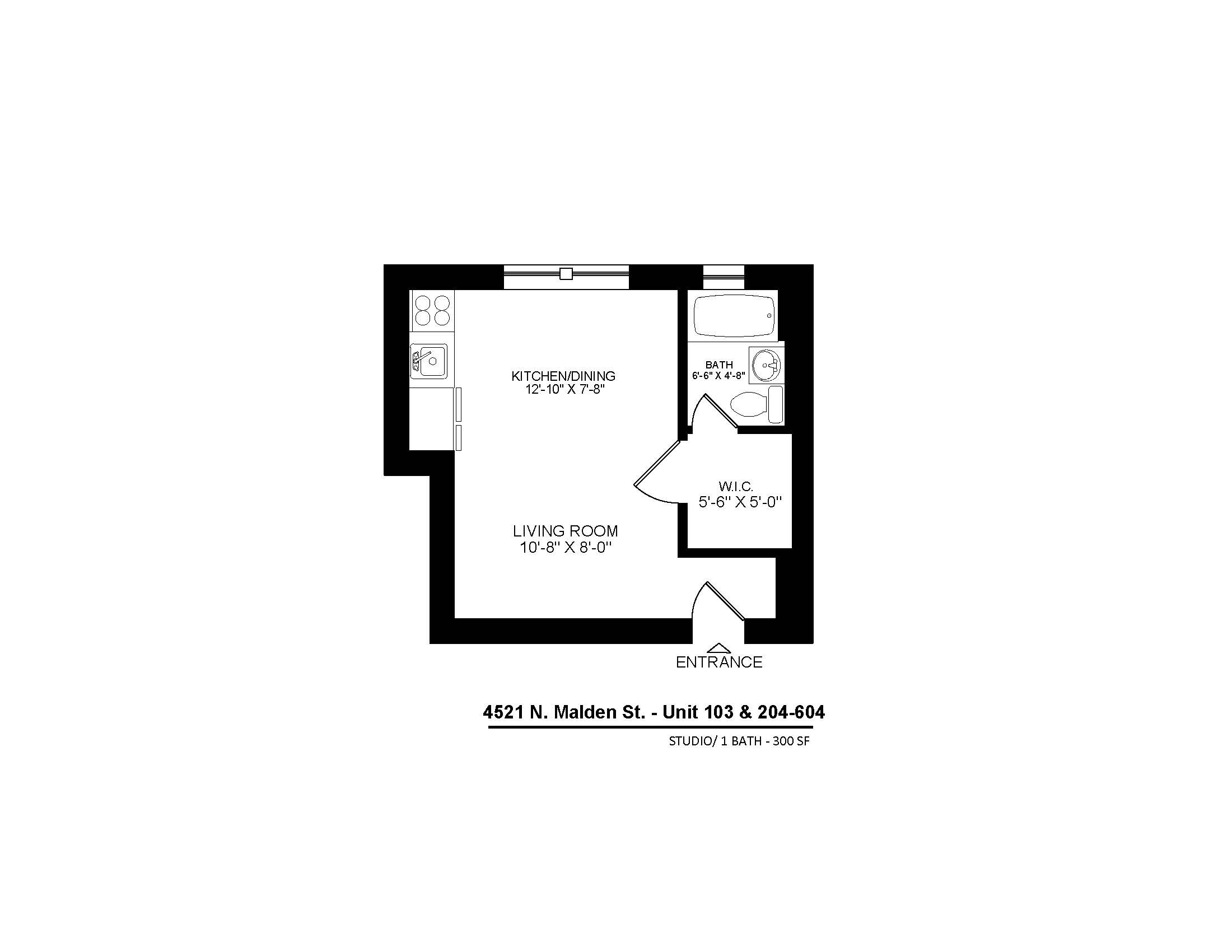 4521 North Malden apartments 103, 204-604 studio floor plan.