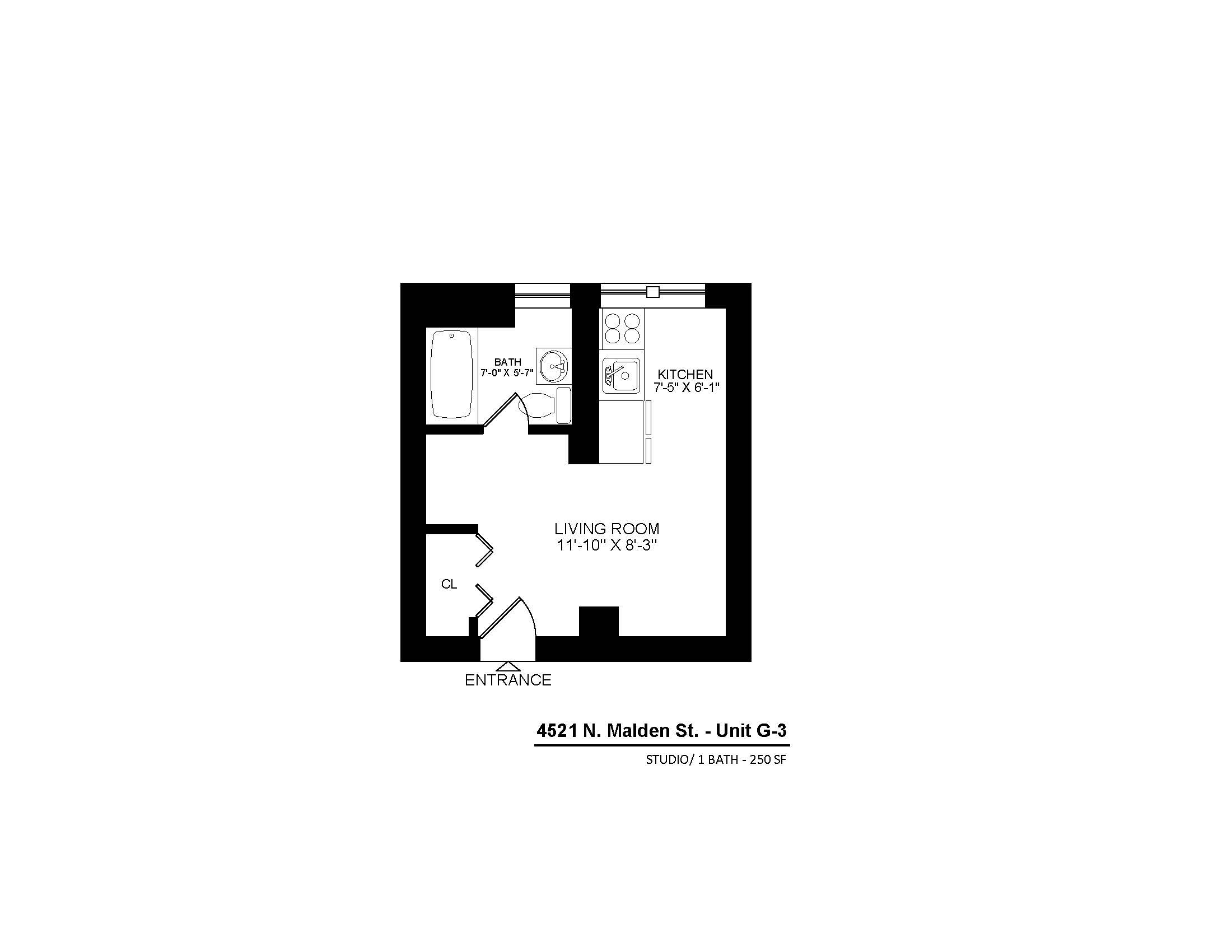 4521 North Malden Apartment G3 studio floor plan.