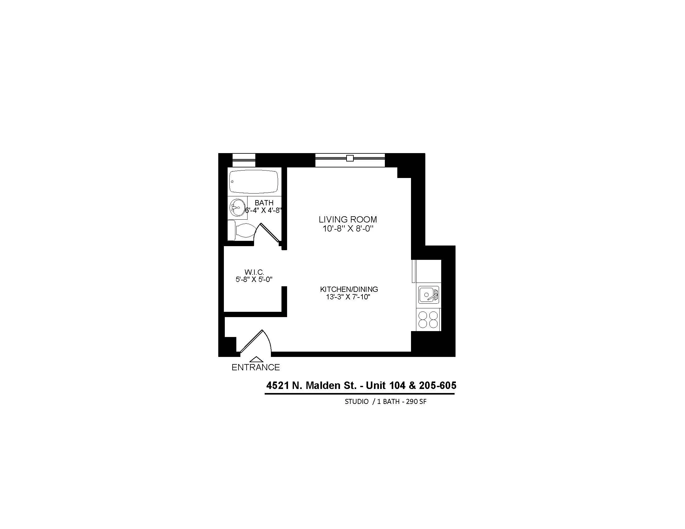 4521 North Malden apartments 205-605 studio floor plan.