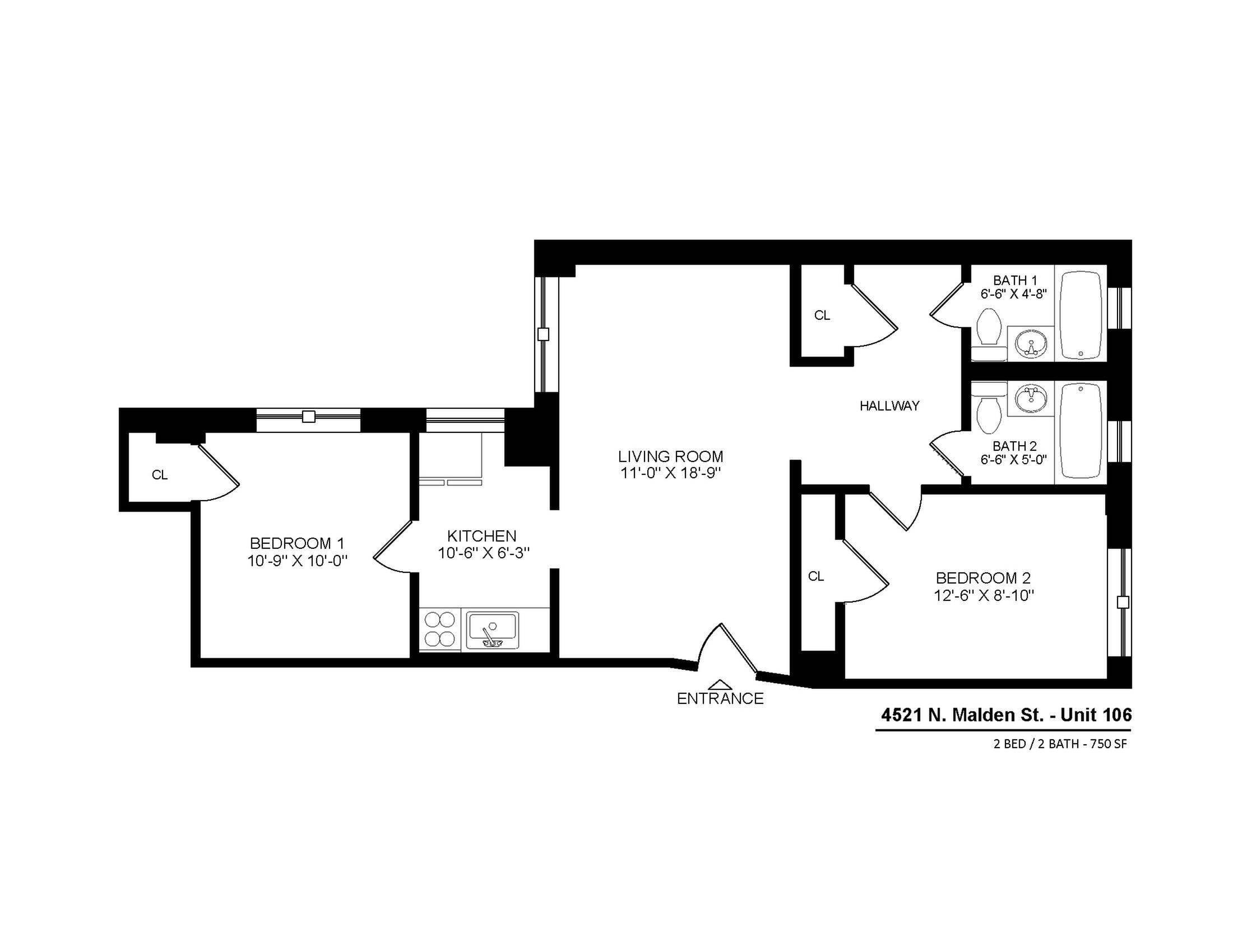 4521 North Malden Apartment 106 two bedroom floor plan.