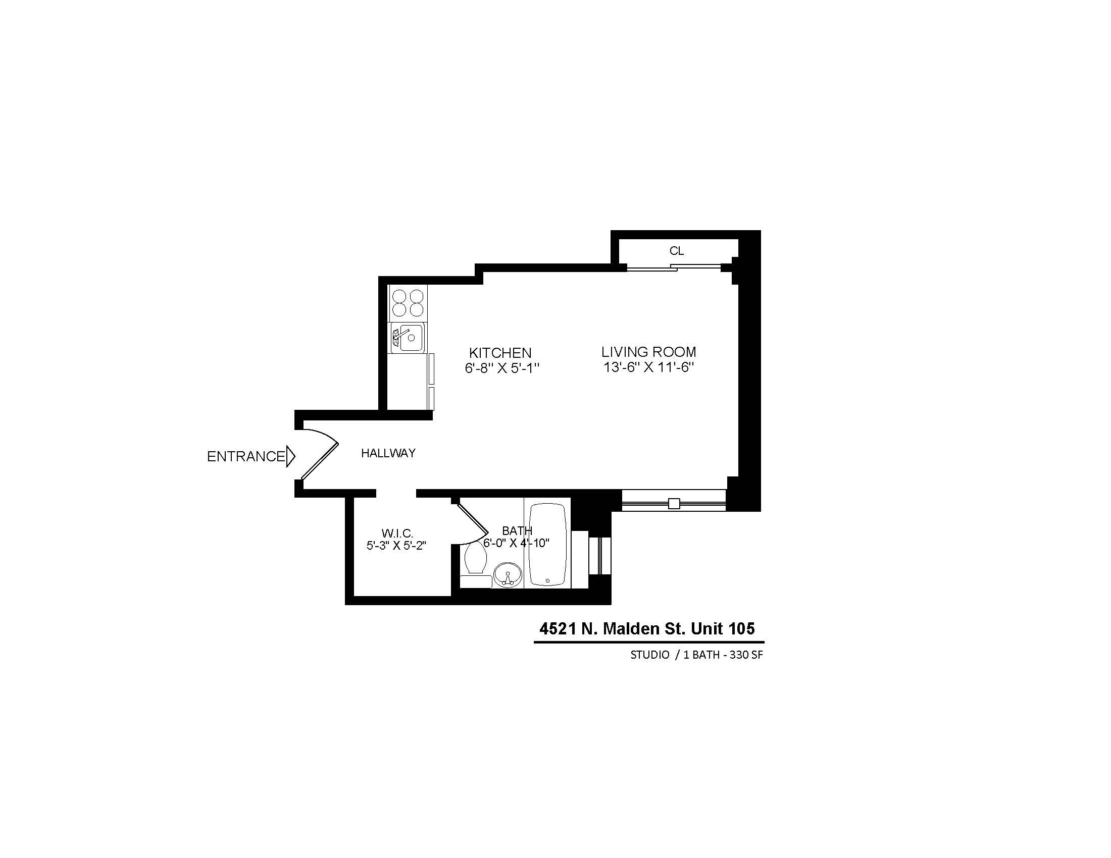 4521 North Malden Apartment 105 studio floor plan.