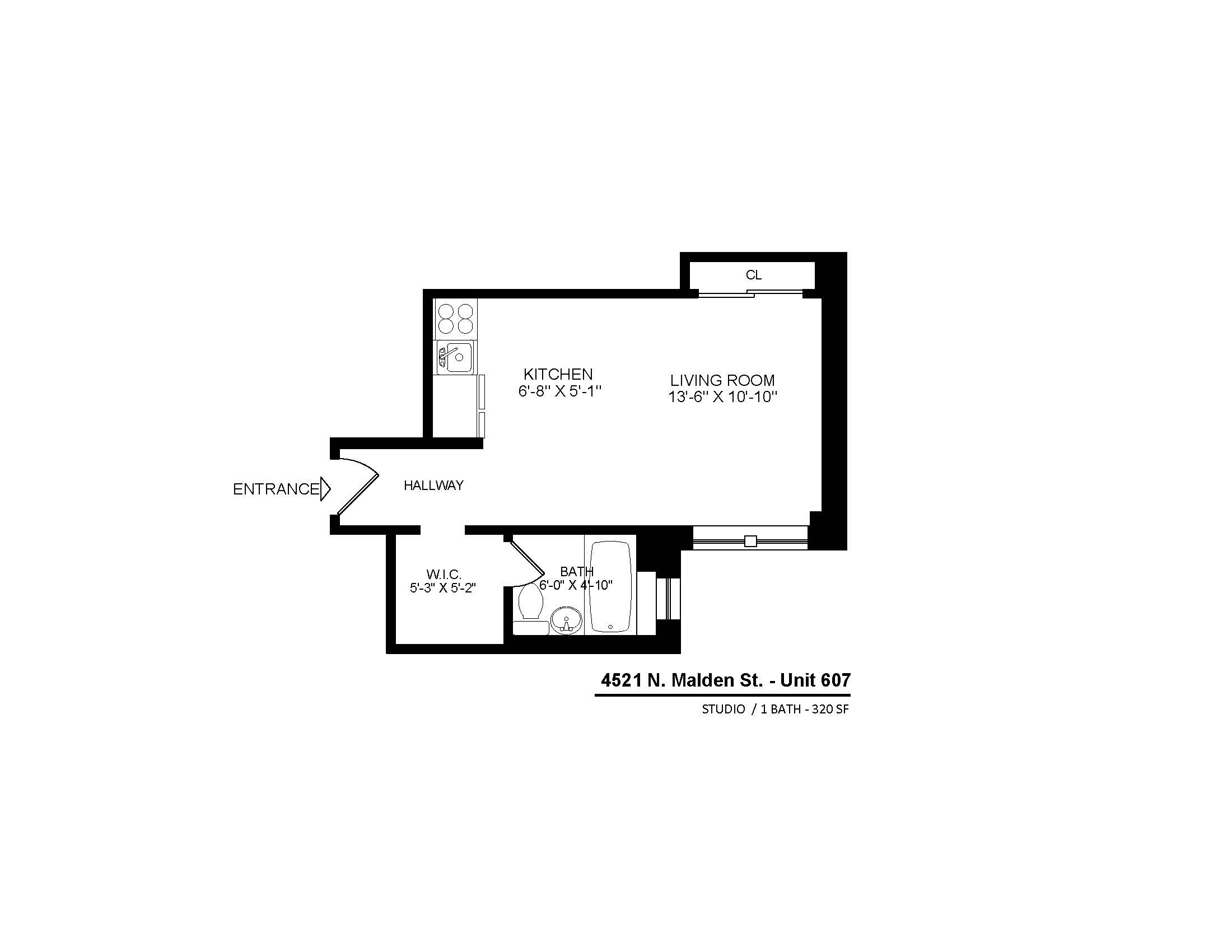 4521 North Malden Apartment 607 studio floor plan.