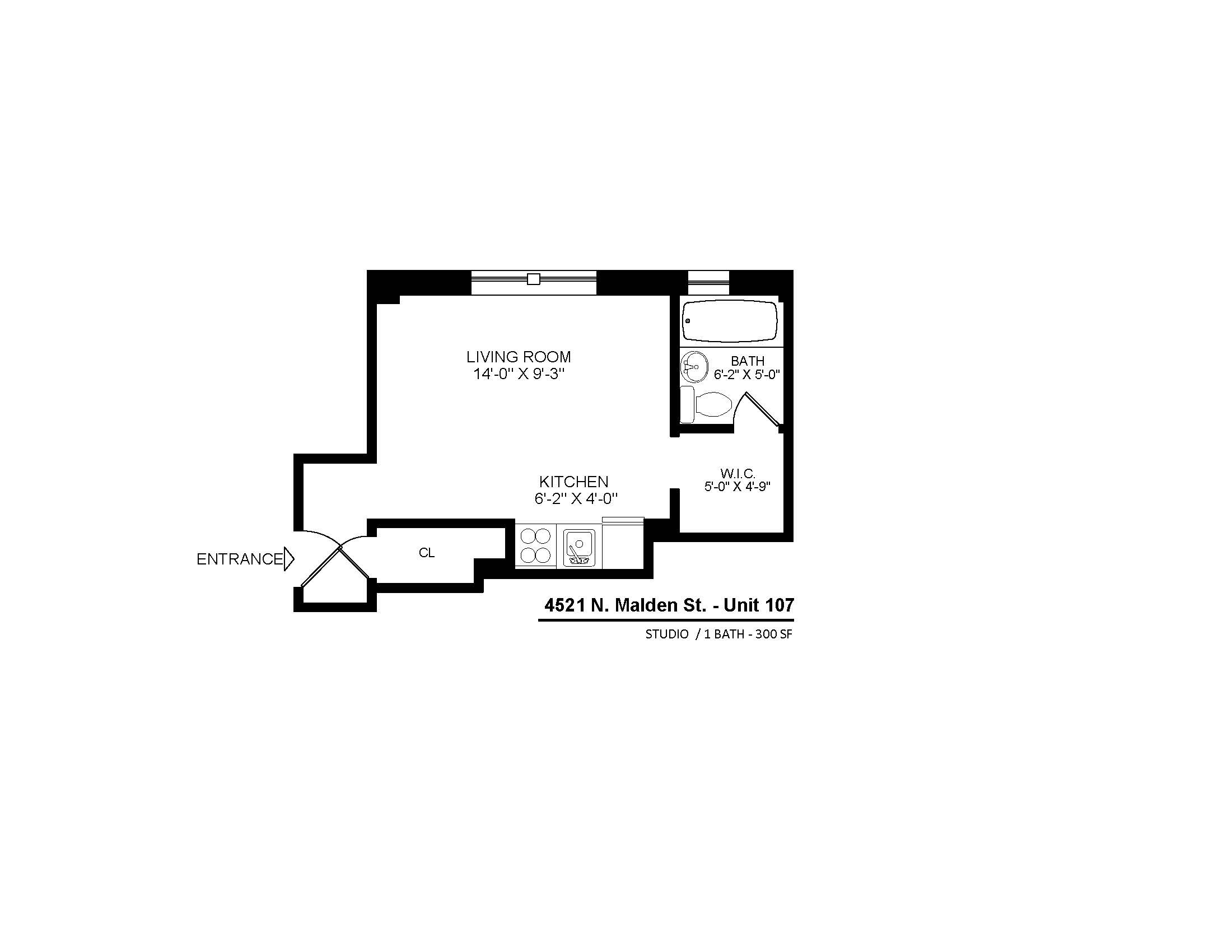 4521 North Malden Apartment 107 studio floor plan.