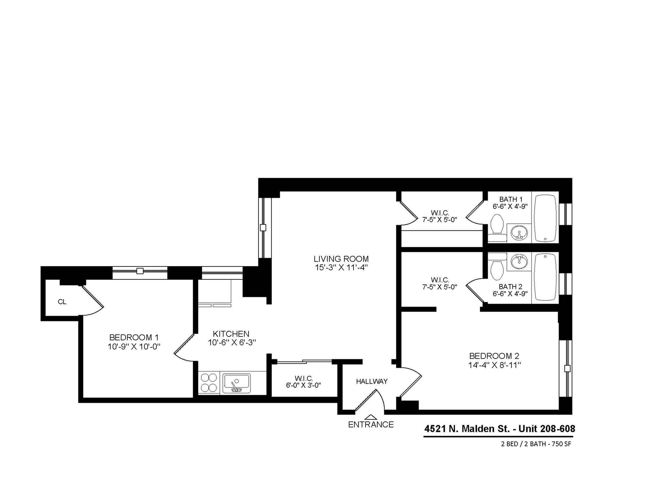 4521 North Malden apartments 208-608 two bedroom floor plan.