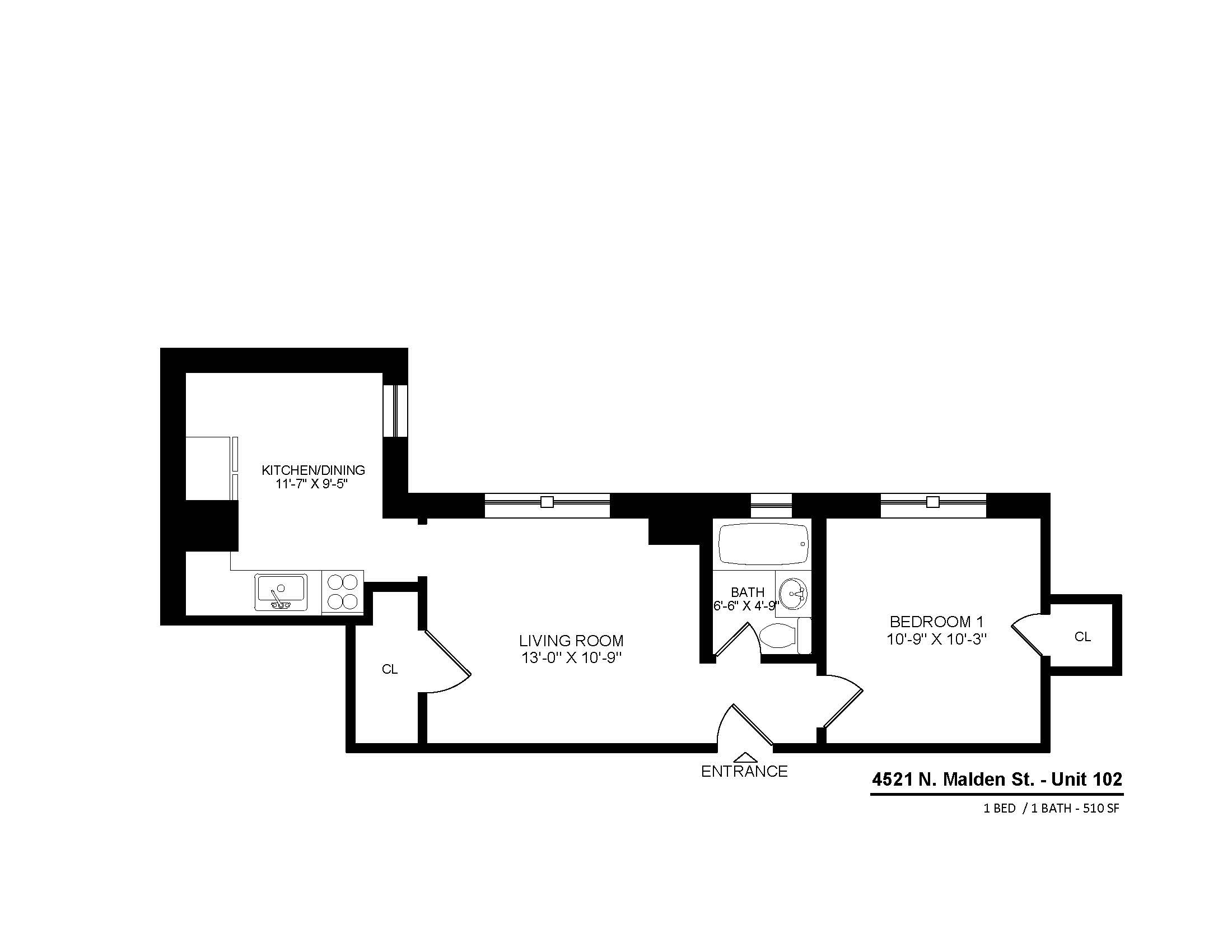 4521 North Malden Apartment 102 one bedroom floor plan.