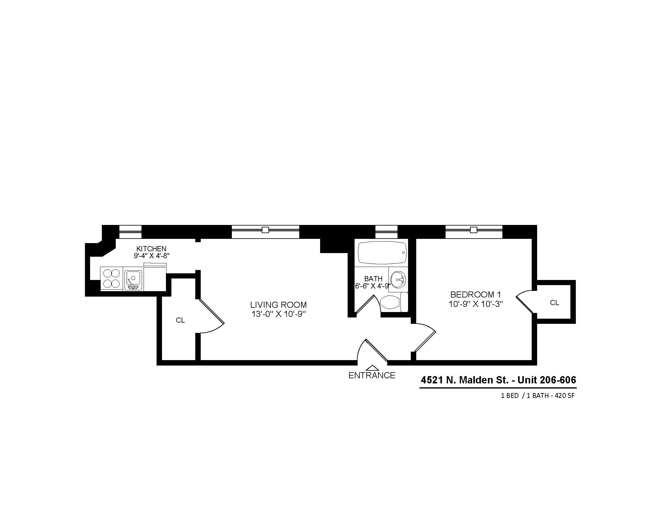 4521 North Malden apartments 206-606 one bedroom floor plan.