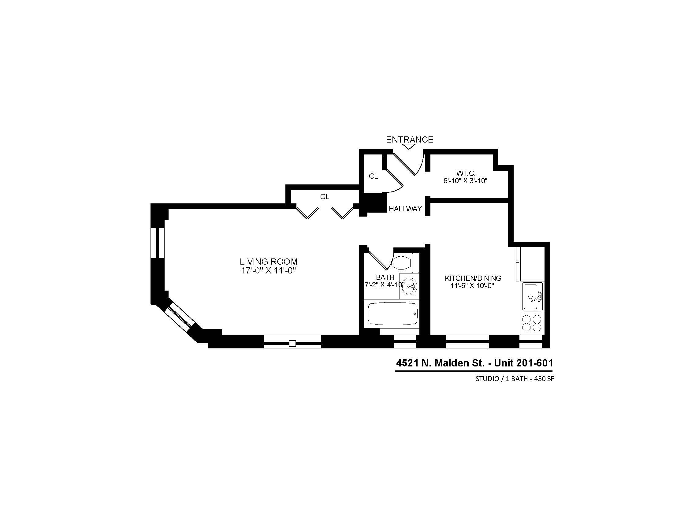 4521 North Malden apartments 201-601 studio floor plan.