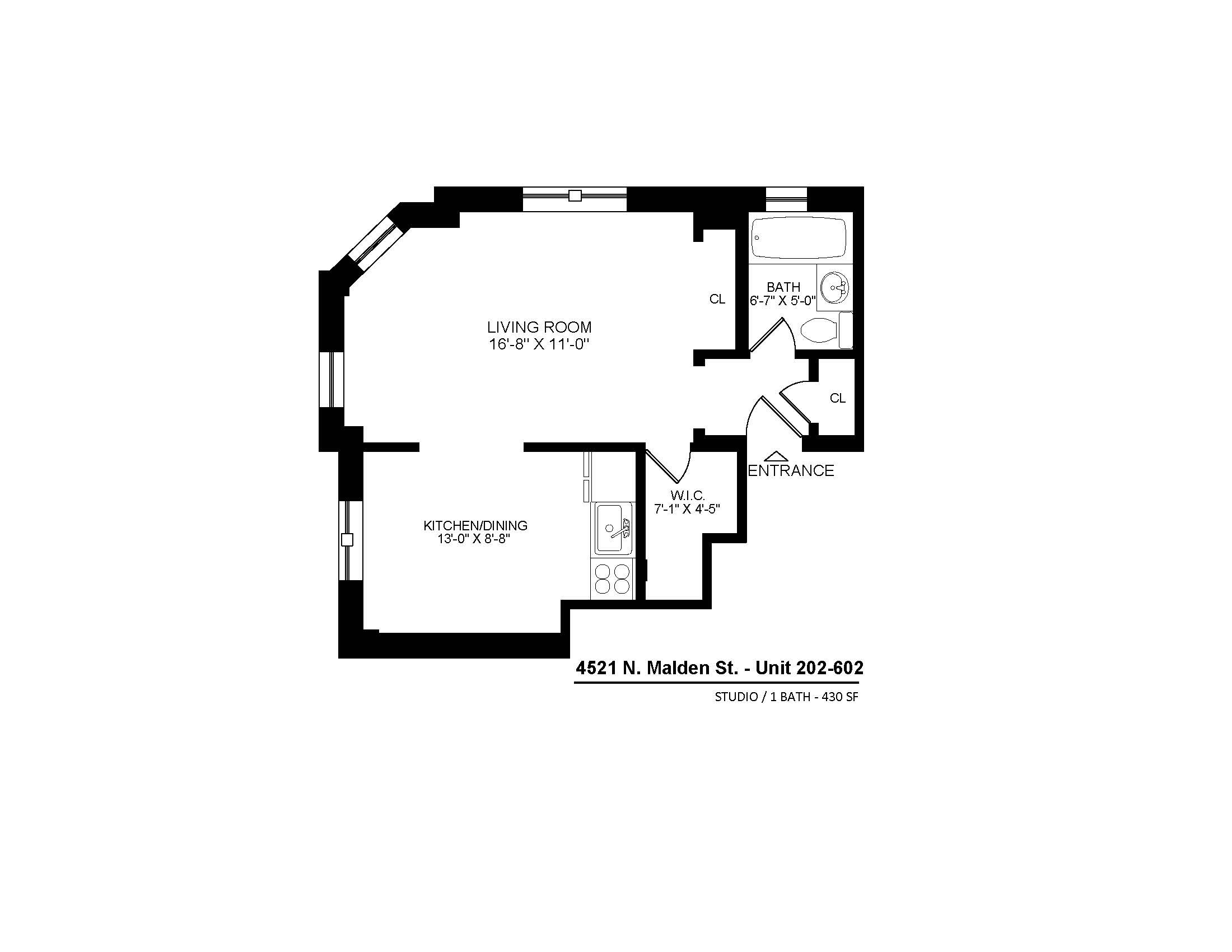 4521 North Malden apartments 202-602 studio floor plan.