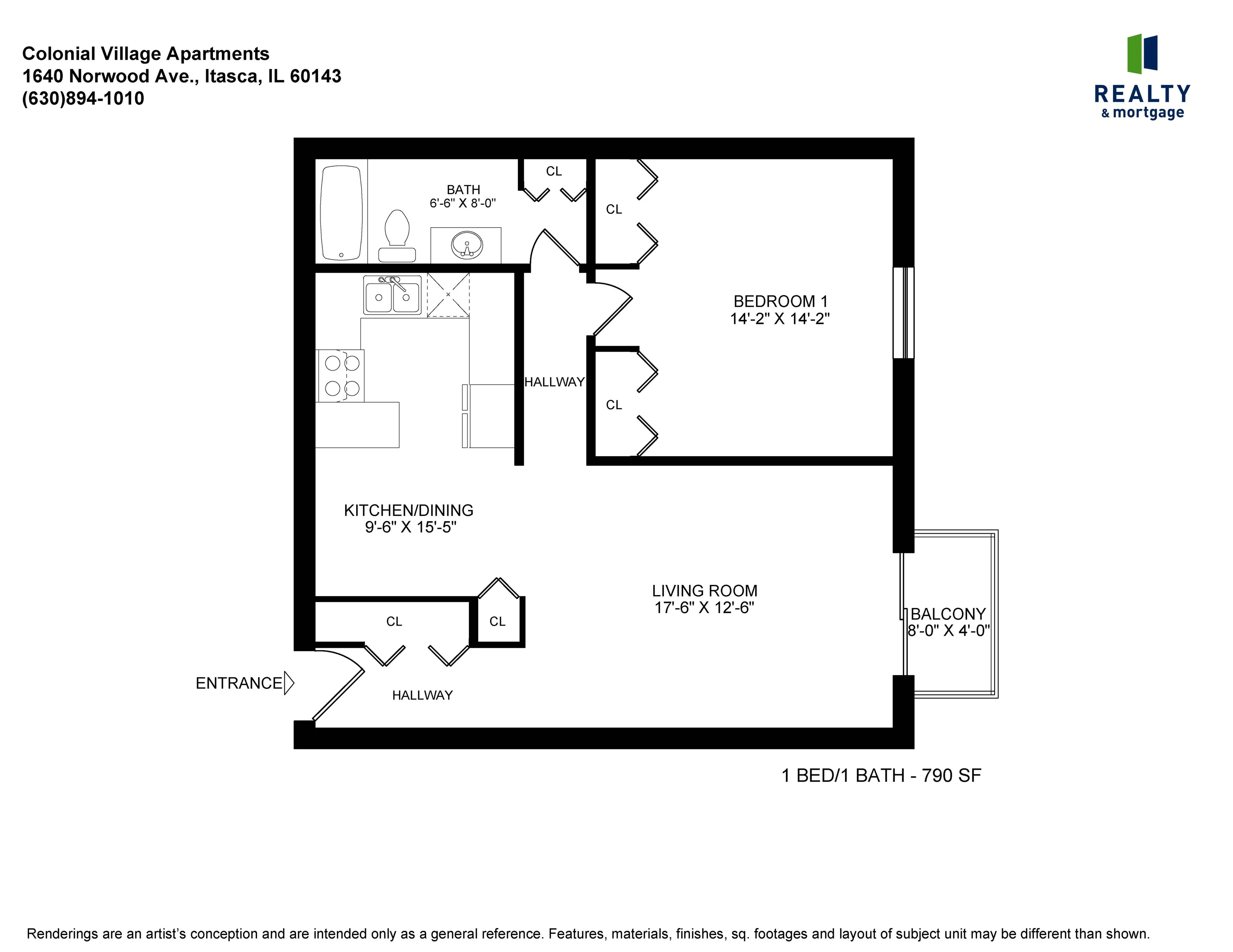 Colonial Village One Bedroom Garden Floor Plan - 790 Square Feet.