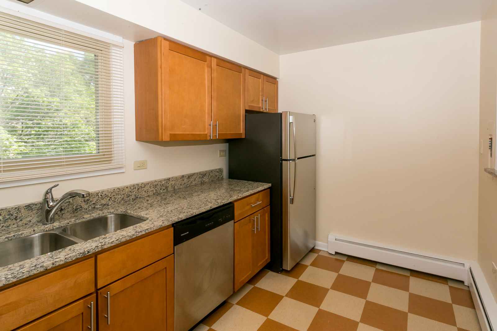 Modern Kitchen with stainless steel appliances including a dishwasher and microwave.