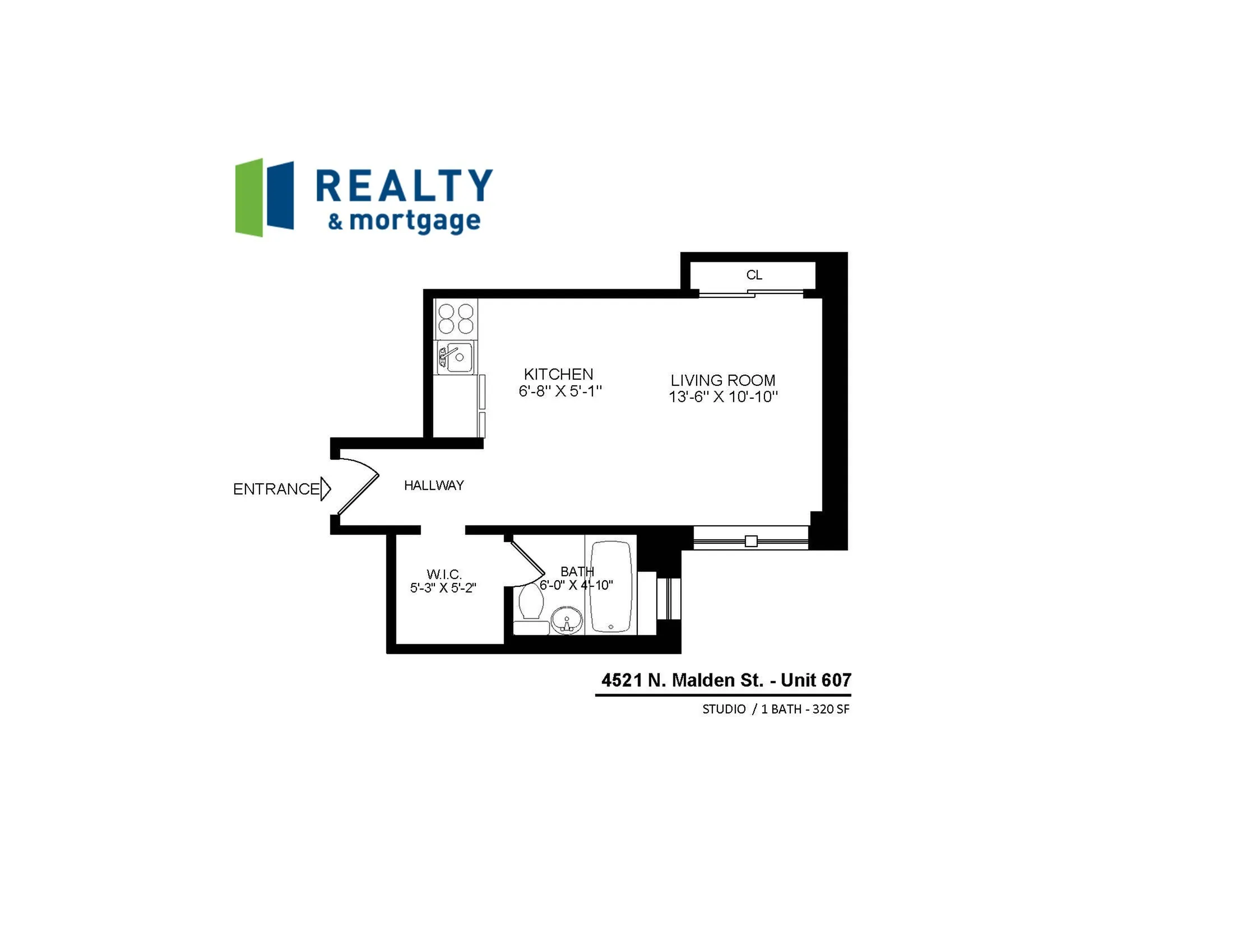 4521 North Malden Apartment 607 studio floor plan.