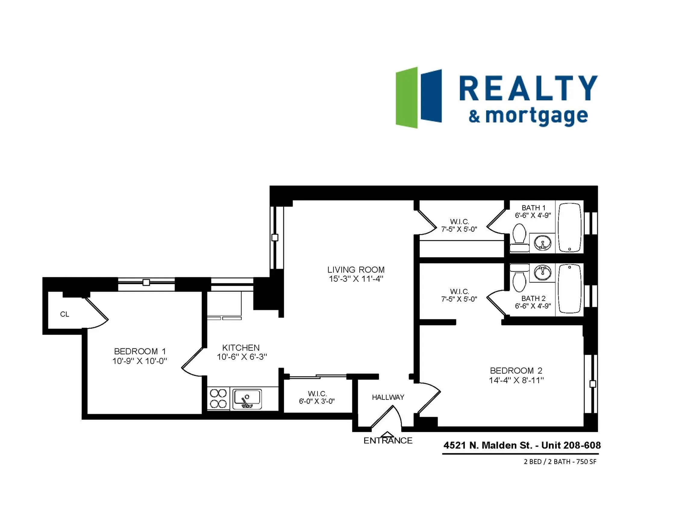 4521 North Malden apartments 208-608 two bedroom floor plan.