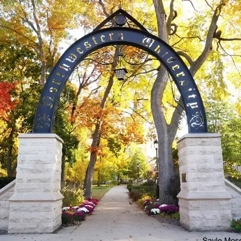 Northwestern University arched main gate on a colorful fall day. Less than one mile away.