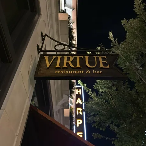 Virtue restaurant and bar signage on 53rd Street in Hyde Park