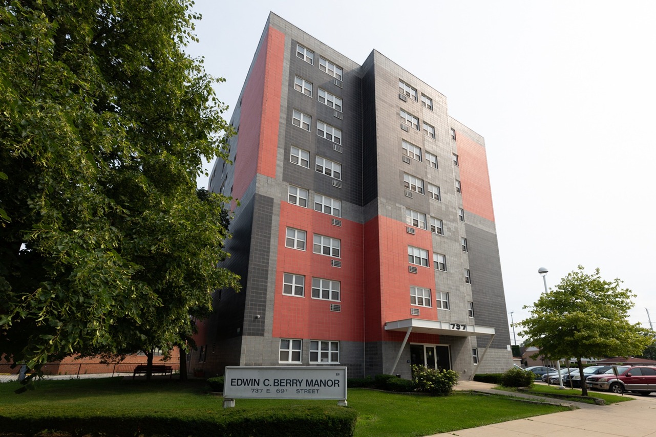 Berry Manor a fifty seven unit eight floor red and gray income restricted senior building in the Greater Crossing neighborhood.