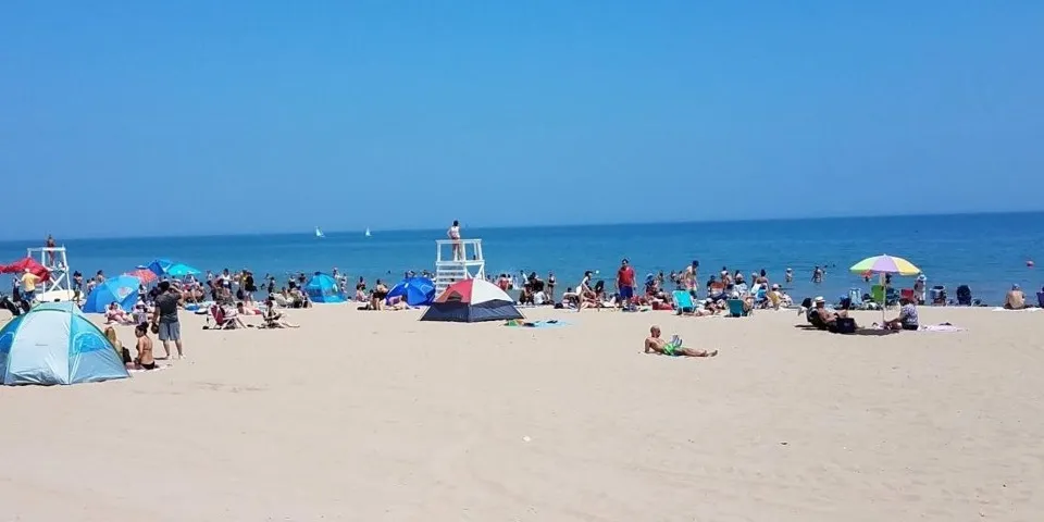 Evanston beach overlooking Lake Michigan on a crystal clear summer day.