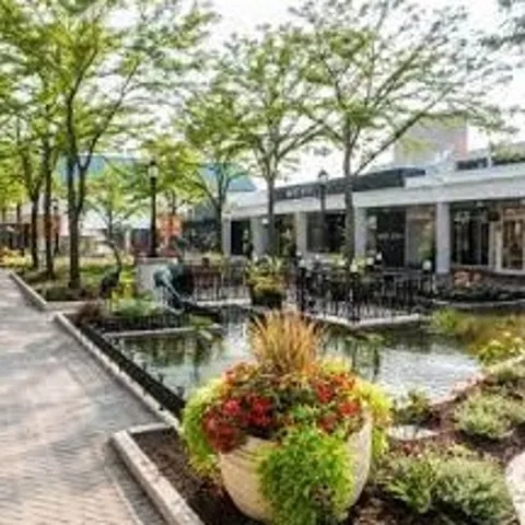 Old Orchard shopping interior courtyard with mature trees and colorful plantings.