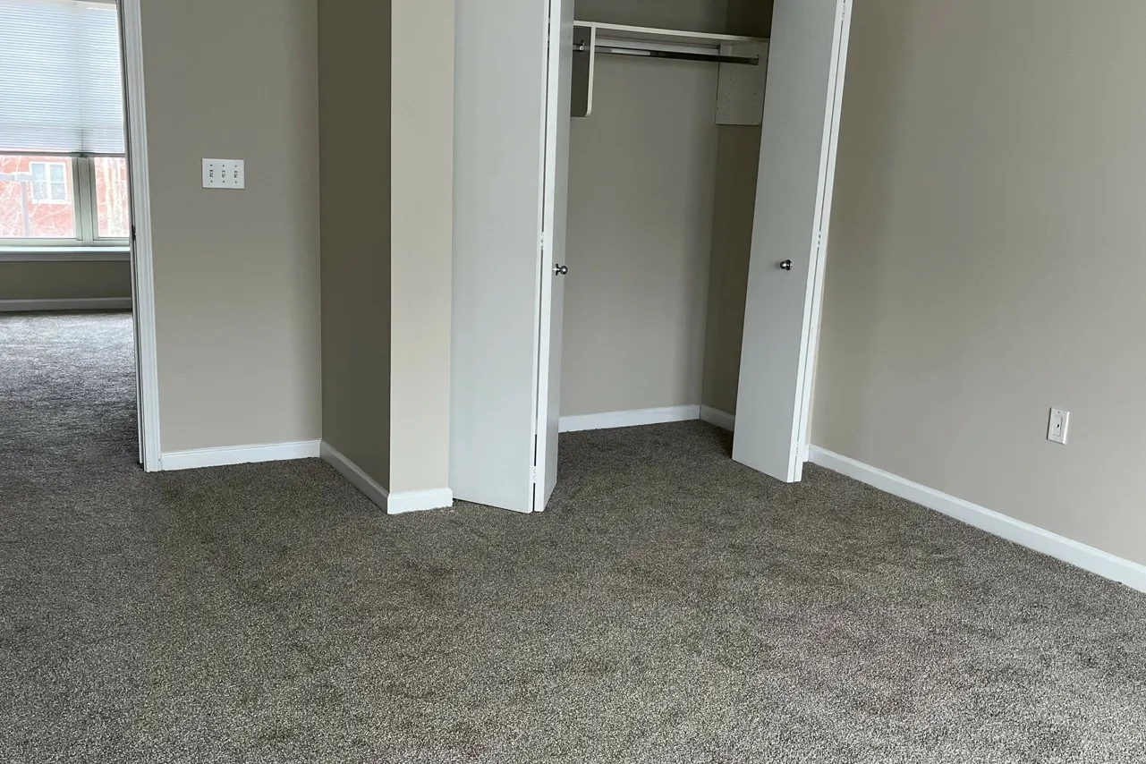 A dark grey carpeted bedroom with a large open closet.