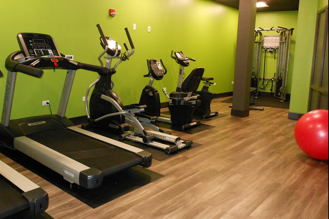 A fully equipped gym with a green wall and wood floor, with a treadmill, stationary bike, and elliptical machine.