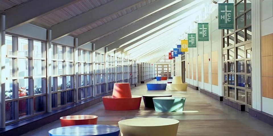Seating area with windows and colorful furniture at the Lawndale Christian health facility.