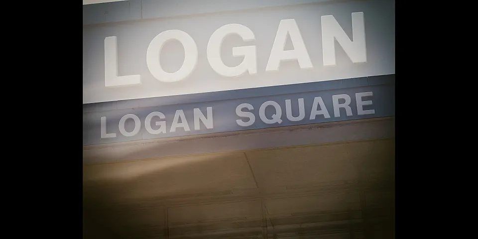 Logan Square Blue line sign from the CTA Station