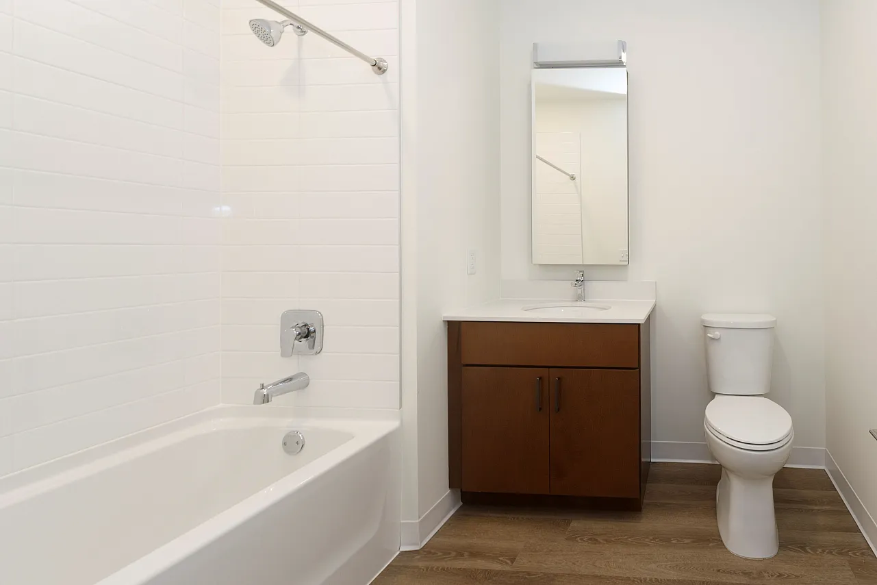 White bathroom with tub toilet and vanity