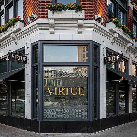 Virtue restaurant and bar signage on 53rd Street in Hyde Park