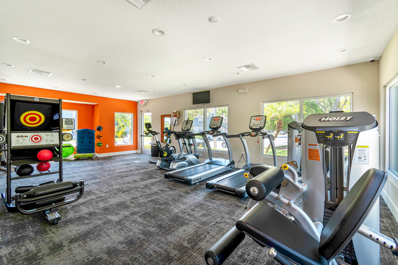 Fitness center with treadmills, leg estention