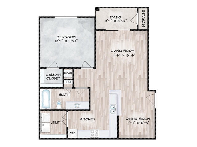 FloorplanA: 1 Bedroom, 1 Bathroom
