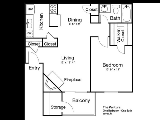 A2 Floorplan: 1 Bedroom, 1 Bathroom