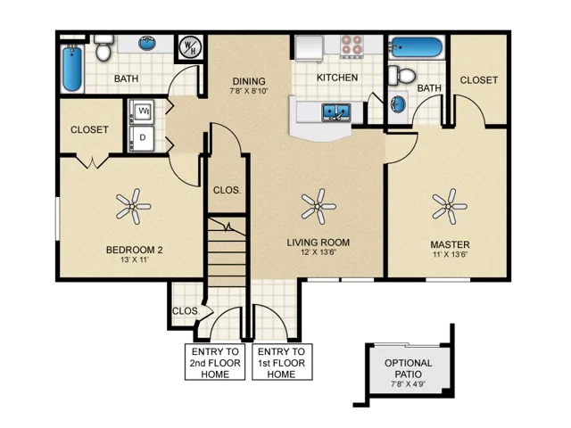 D Floorplan: 2 Bedroom, 2 Bathroom