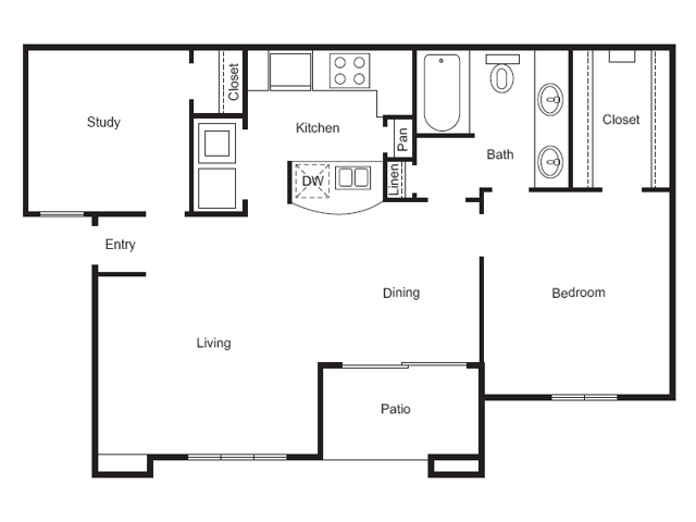 A3 Floorplan: 1 Bedroom, 1 Bathroom