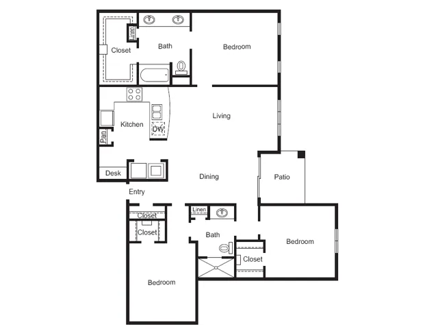 C1 Floorplan: 3 Bedroom, 2 Bathroom