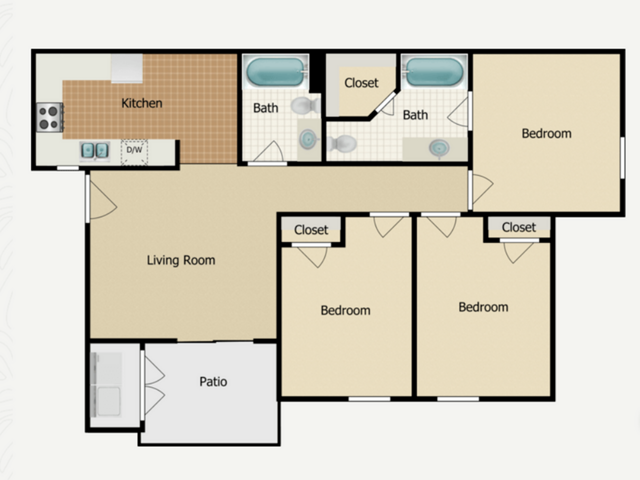 C1 Floorplan: 3 Bedroom, 2 Bathroom
