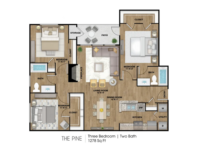 C1 Floorplan: 3 Bedroom, 2 Bathroom
