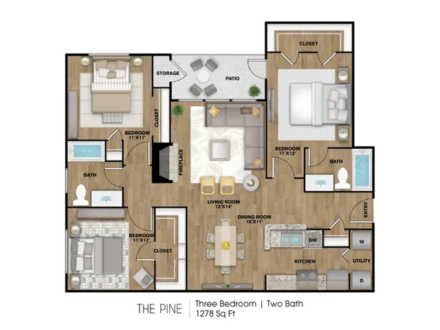 C1 Floorplan: 3 Bedroom, 2 Bathroom