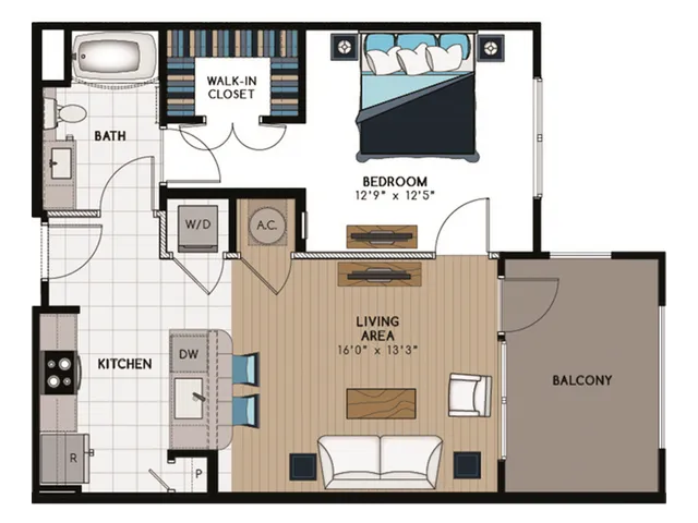 A2 Floorplan: 1 Bedroom, 1 Bathroom
