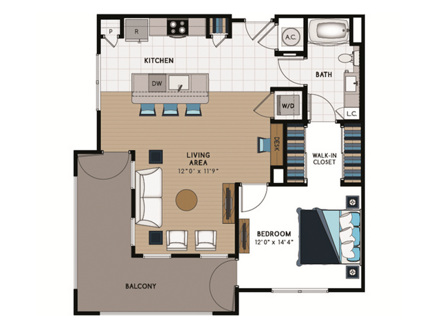 A6 Floorplan: 1 Bedroom, 1 Bathroom