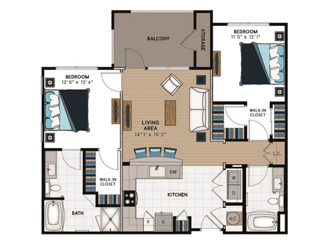 B1 Floorplan: 2 Bedroom, 2 Bathroom