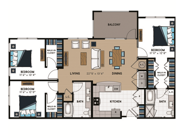 C2 Floorplan: 3 Bedroom, 2 Bathroom