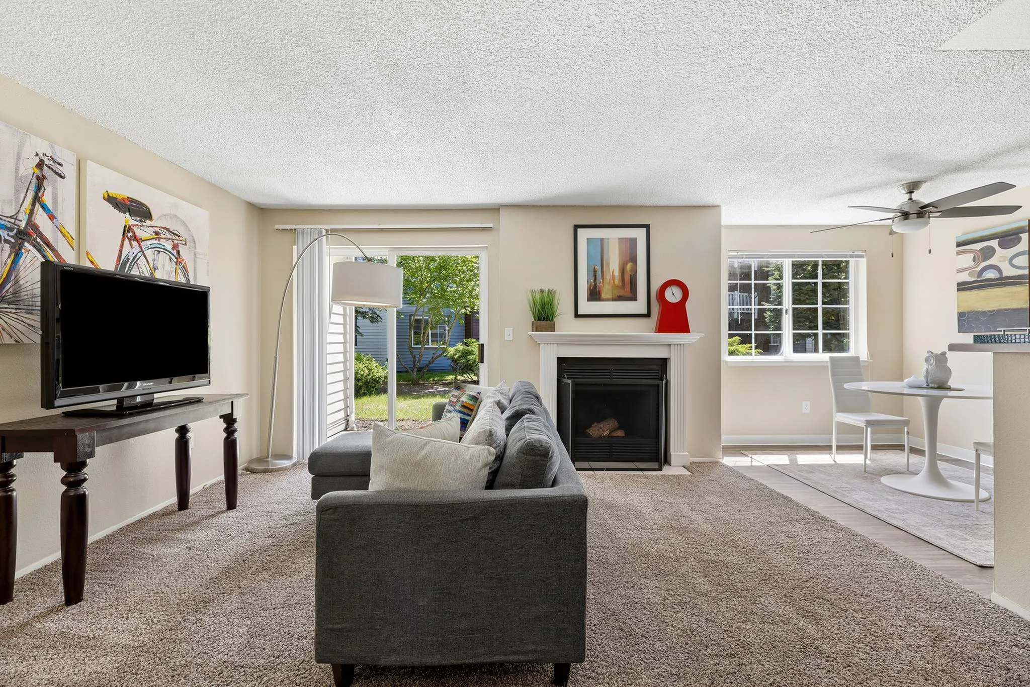 wood burning fireplace in the living room