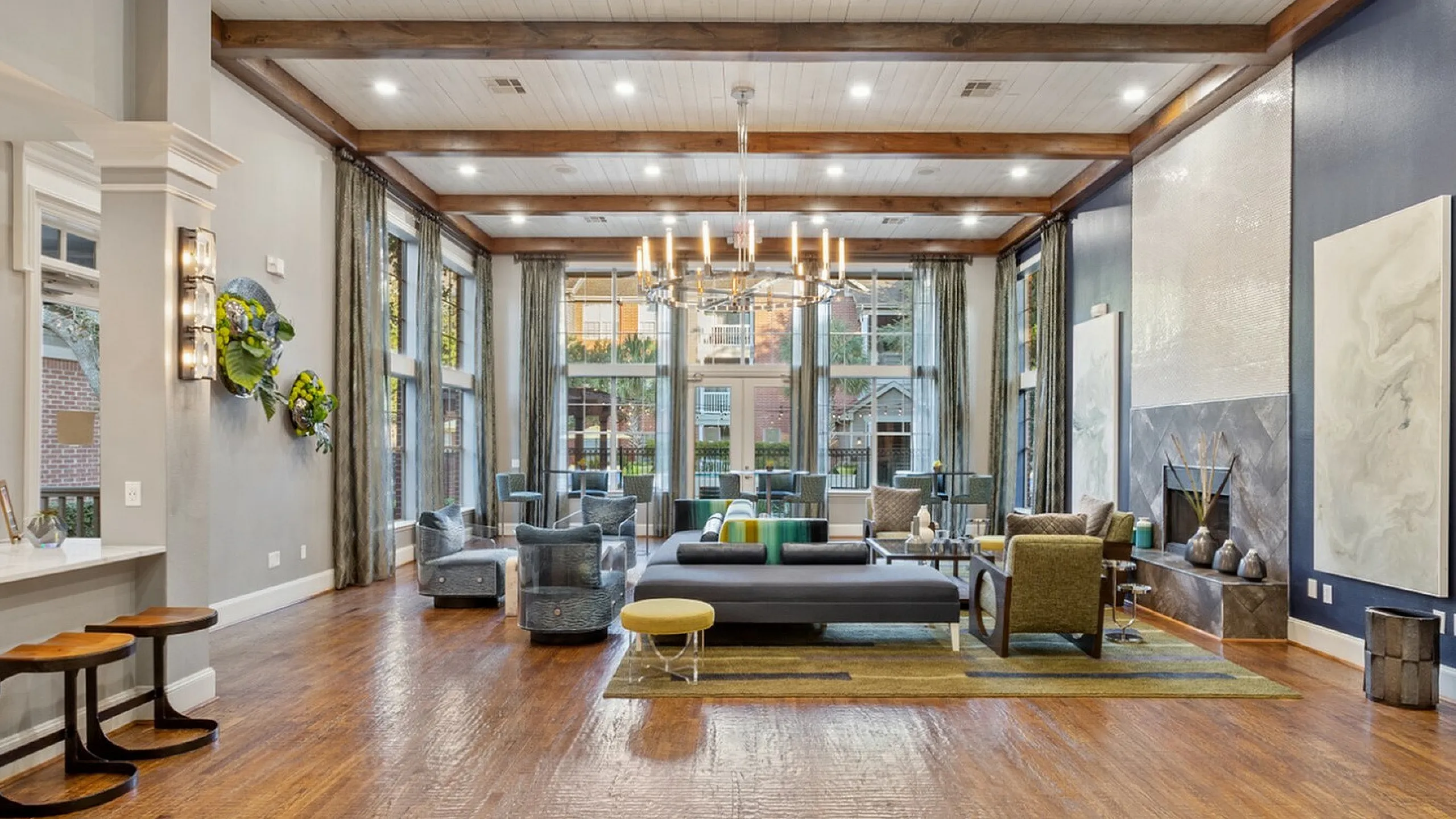 spacious and stylish clubhouse with fireplace
