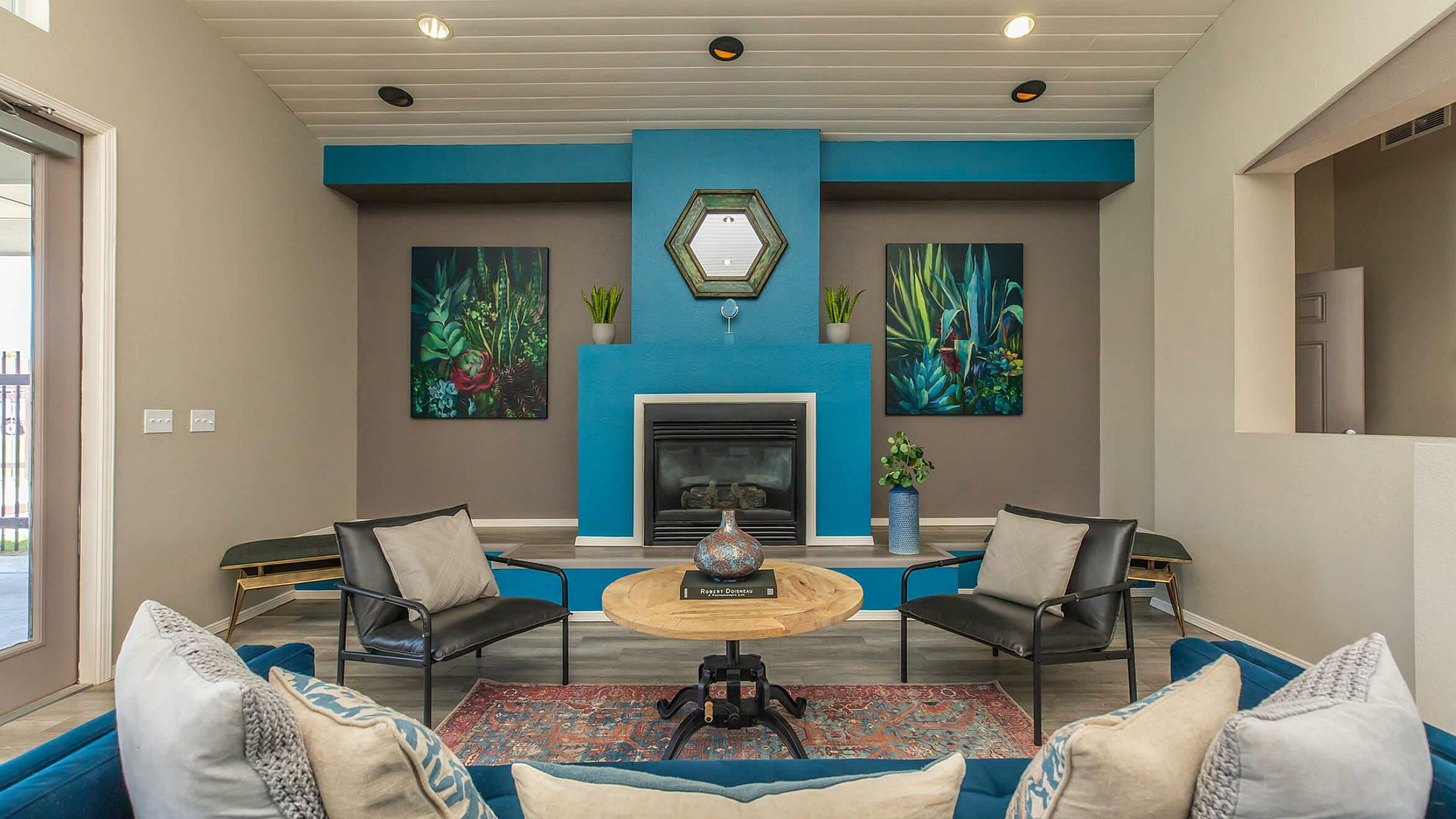 stylish clubhouse with fireplace