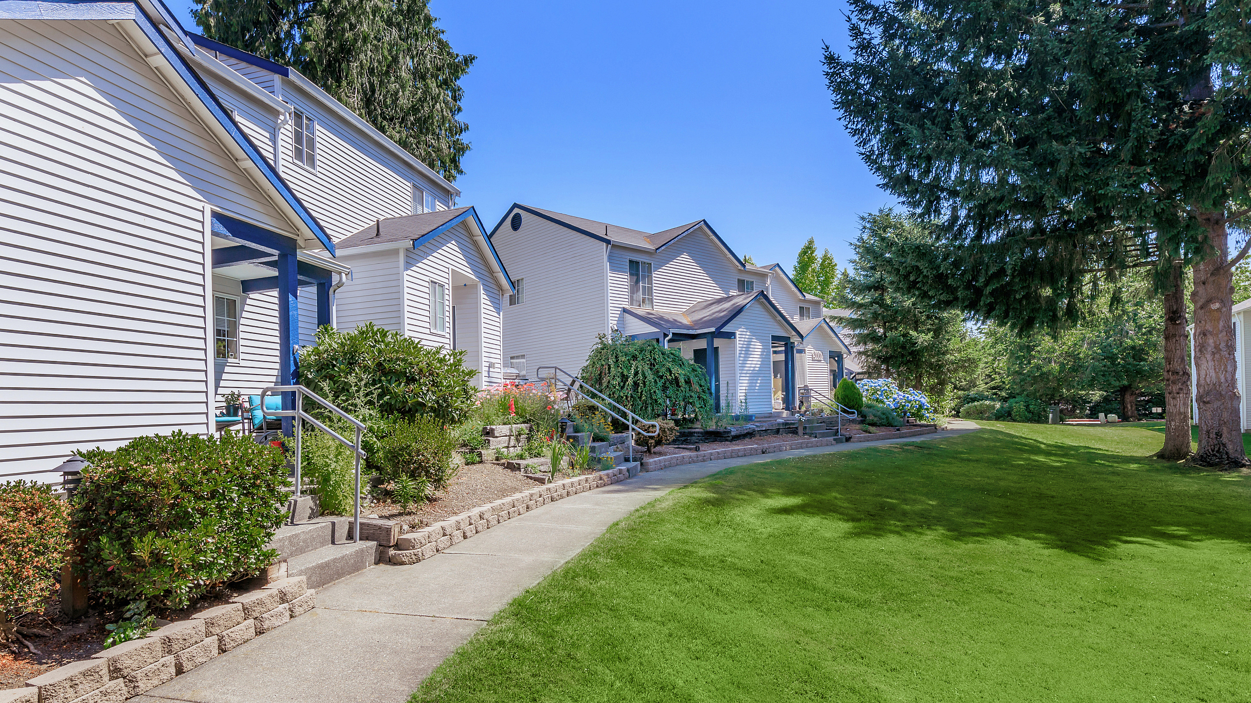 apartment buildings with blue trim