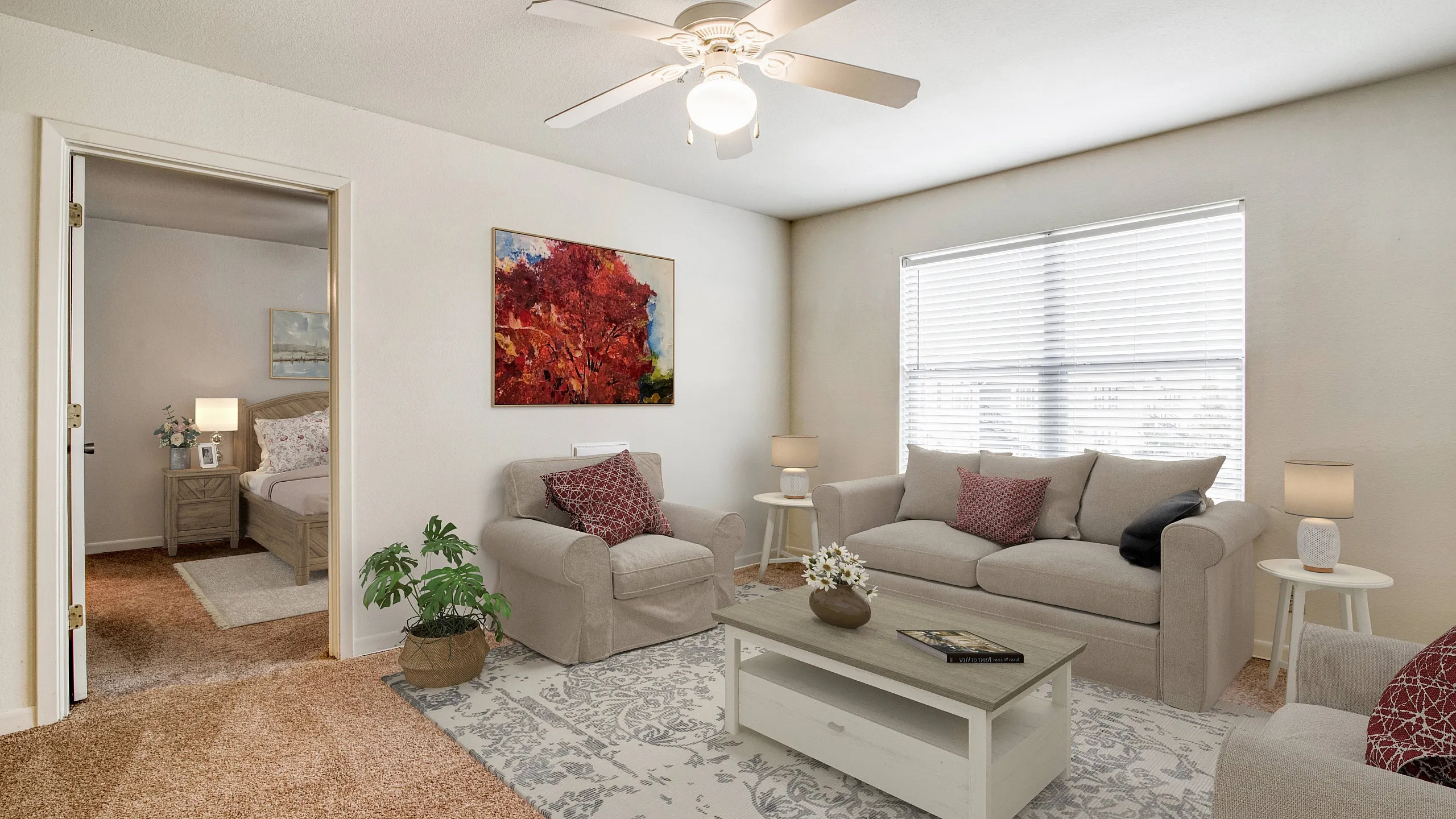 Spacious and stylish living space with ceiling fan