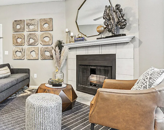 wood burning fireplace in the living room