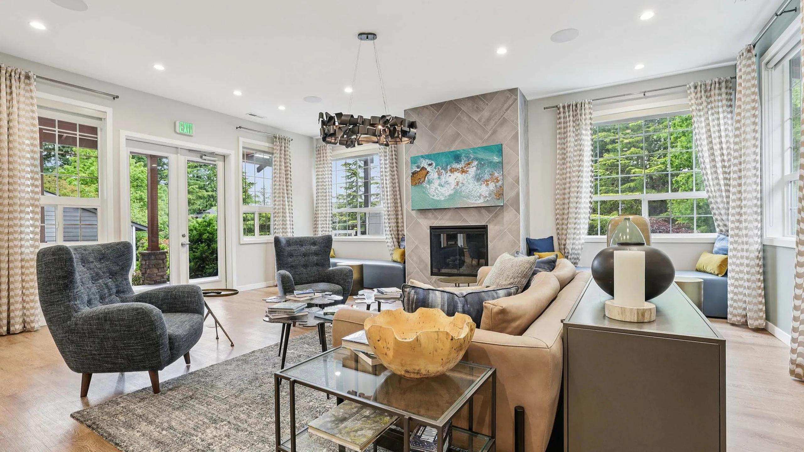 Stylish and spacious clubhouse in the leasing office with fireplace