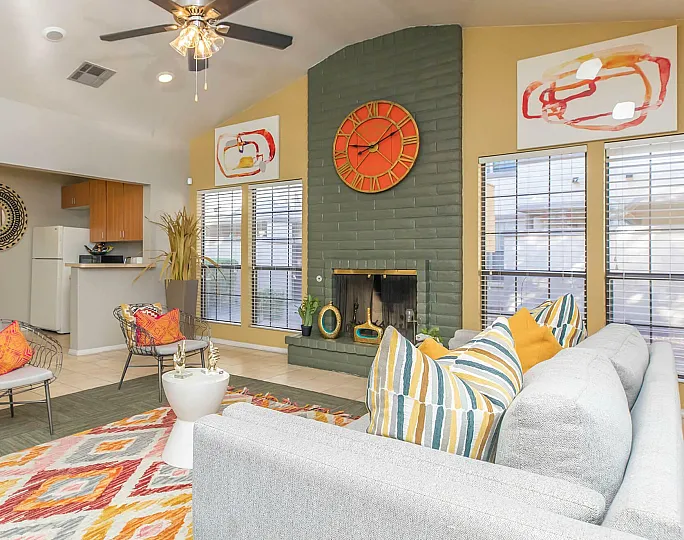 colorful and bright clubhouse with fireplace