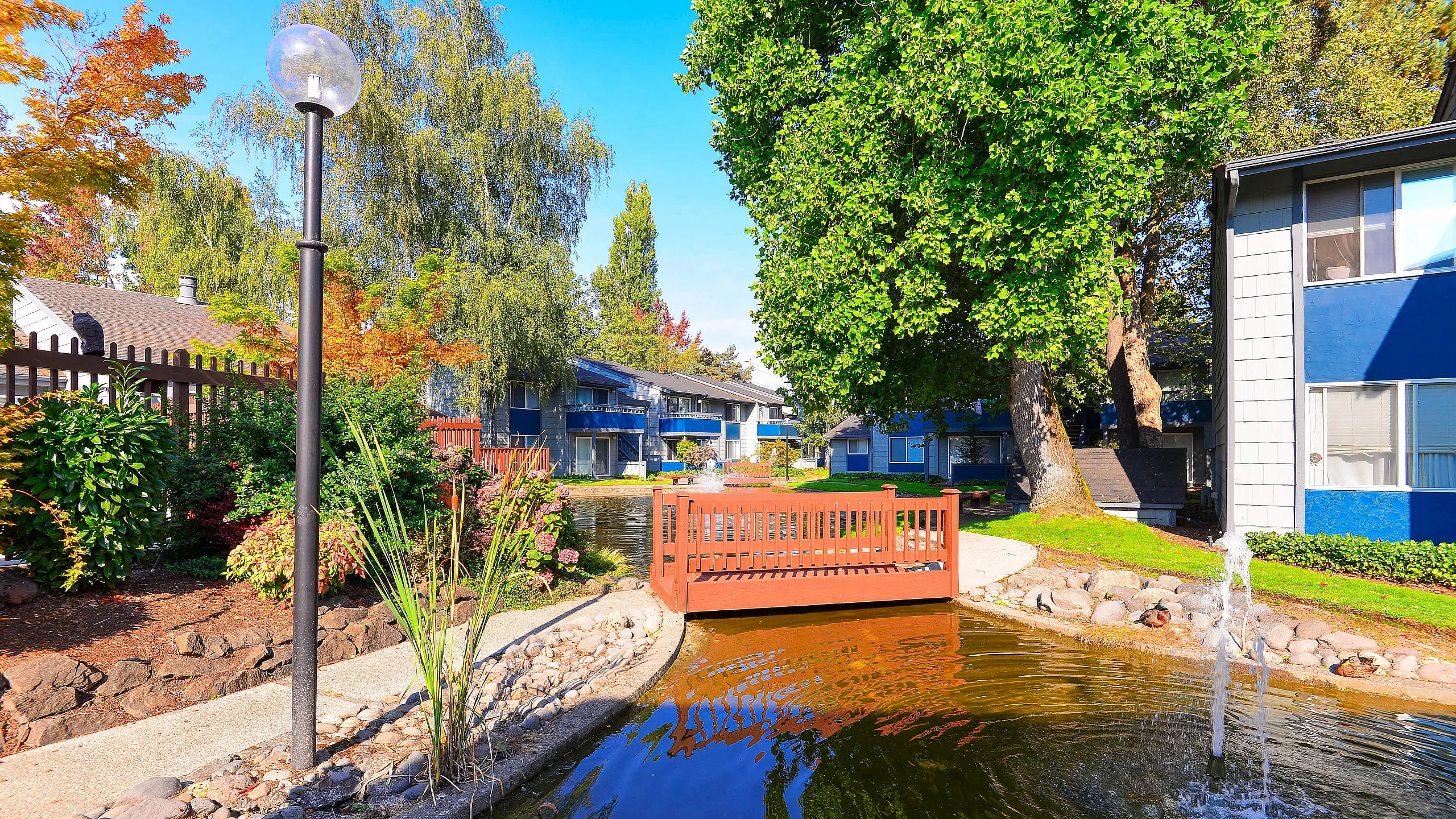 beautiful landscaping and pond fountains