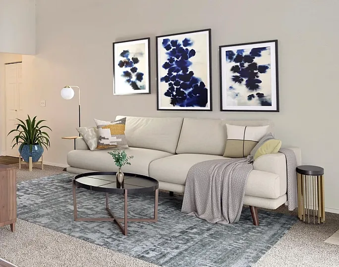 stylish and spacious living room with vaulted ceiling